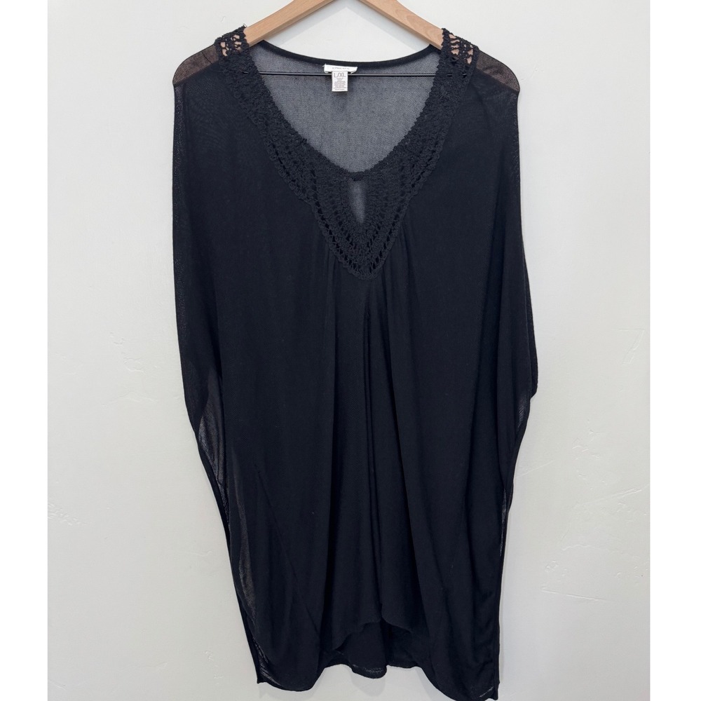 Chicos Black Sheer Knit Crochet Lace V-Neck Poncho Tunic Top Swim Cover L/XL